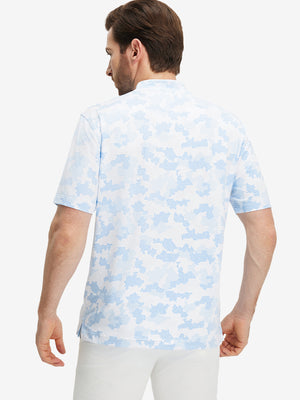 Back half-body of model in sky blue camo stretch printed collarless henley golf shirts