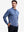 Model front upper body wearing Long sleeve pinstripe jersey polo in sleek blue denim stripe