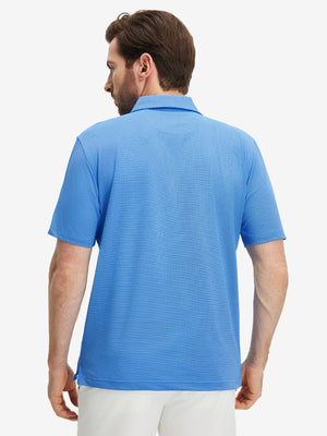 Back half-body view of a model wearing the plum blue feather weight jacquard polo shirts, highlighting the rear fit