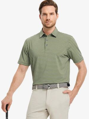 Model posing mid-swing in LIGHT GREEN/WHITE STRIPE Polo with calm style