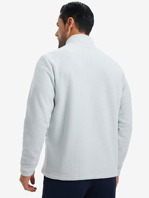 Back upper view of model in soft winter fleece jackets, showing shoulder fit and fleece texture in light grey.