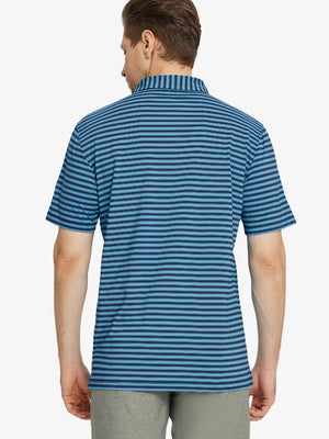 Back half-body view showcasing the structure and fall of the Navy Blue Yarn Dyed Stripe Polo