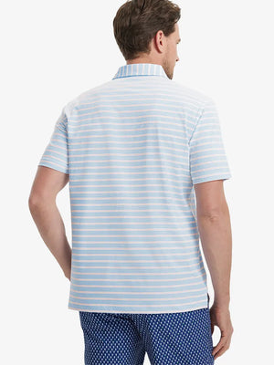 Back view of model wearing Blue Pink Stripe Performance Stripe Golf Shirt