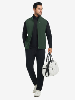 Lifestyle shots of water-resistant fleece golf vests in forest green, worn while holding golf bag