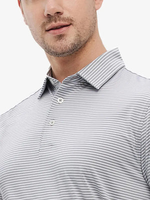 Model’s front close-up from nose to chest wearing Cooling Stripe Golf Shirt in GREY WHITE STRIPE, showing fabric texture