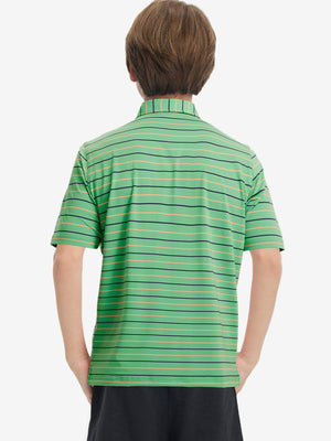 Back upper body view of kids stylish stripe polo shirts, showing pattern and green stripe tone