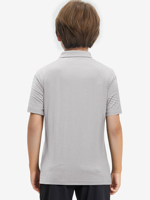 Back half-body view of youth wearing grey white stripe performance cooling polo, showing rear design