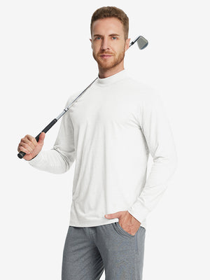 Model holding a golf club while wearing the White Long Sleeve Mock Turtleneck Shirt.
