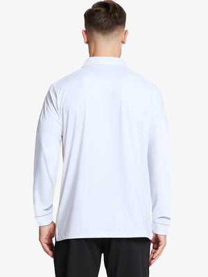 Back half-body view of model wearing WHITE Long Sleeve Solid Jersey Polo