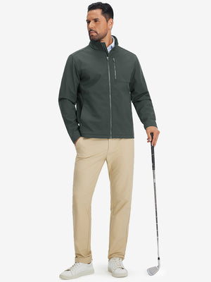Lifestyle shots of winter thermal outdoor water resistant fleece jacket in grey, worn while holding golf clubs