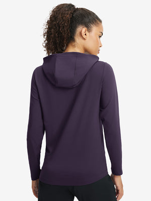 Back upper view of model in women's lightweight hoodies pullover, showing relaxed fit in dark purple.