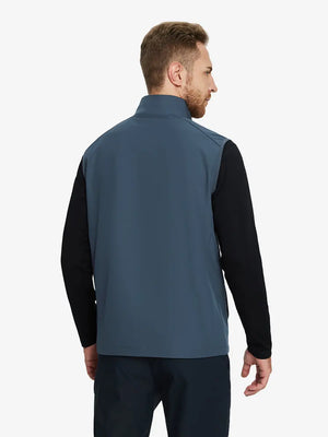 Back view of the misty blue windproof golf vest, showcasing its fresh design and functional features.