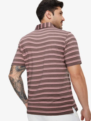 Back half-body view of model in WINE RED STRIPE Performance Yarn Dye Striped Polo