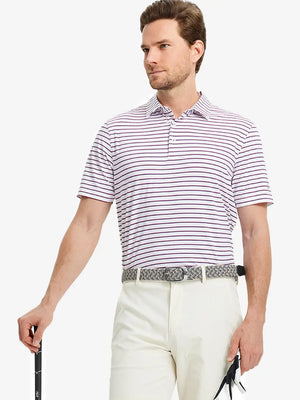 Back half-body view of WHITE/NAVY STRIPE Polo with tailored fit