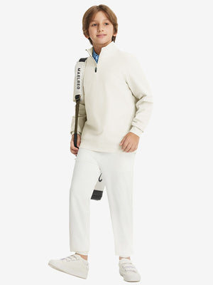 Youth Winter Micro-fleece Quarter Zip Pullover in beige, model wearing tennis bag, front view