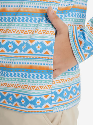 Model with both hands in pockets wearing youth full print stylish hoodies pullover in blue ethnic.