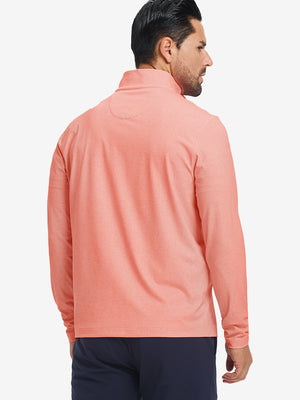 Back upper body angle of the red line full print quarter zip pullover, model turns head slightly.