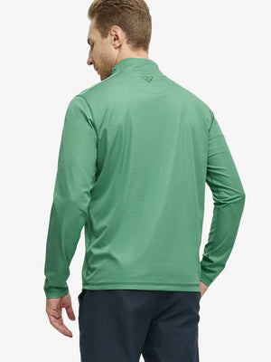 Back half-body view of model in Pinstripe Quarter Zip Pullover, showing back detail – GREEN MELANGE