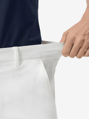 Detail view of elastic waistband on white women's regular fit stretchy golf pants