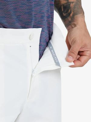 Close-up of waistband button and interior logo on WHITE Water Resistant Versatile 8 Pockets Shorts.