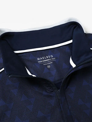 Close-up of collar and interior logo detail on NAVY GEO Stretch Solid Fleece Quarter-Zip Vest.								

