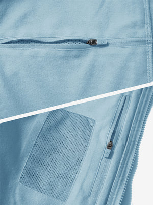 Close-up of the zipper detail of misty blue winter thermal outdoor water resistant fleece jacket