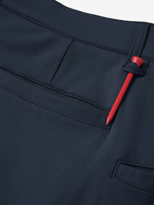 Waistband detail of soft lightweight casual golf pants with 5 pockets in navy, neat stitching.