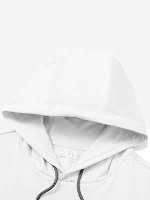 Detailed shot of hoodie and collar connection on casual solid fleece hoodies pullover in white.