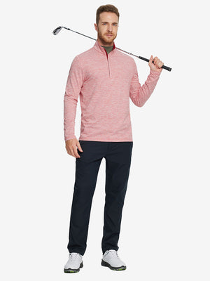 Man wearing Heather Pinstripe Brushed Dry Fit Quarter Zip Pullover in red heather, holding golf club on course