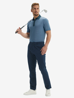 Full front: model in blue denim stripe upgraded two-tone striped quick dry polo shirt holding golf club.