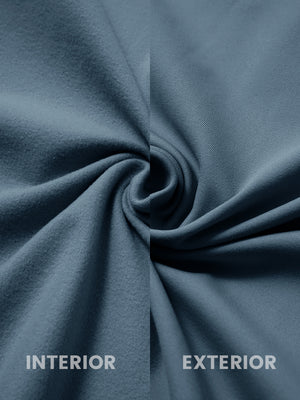 Close-up of inside and outside fabric of lightweight casual fleece jacket with 5 pockets in bluish grey.