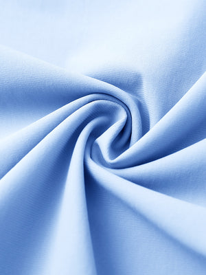 Close-up of quick dry casual dress pants fabric in light blue, smooth texture with breathable finish