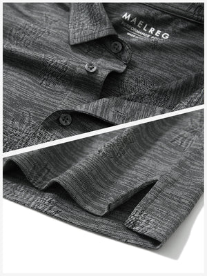 Detail shot of collar and hem of grey pineapple breathable jacquard pattern 3-button golf polo