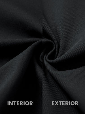 Close-up of fabric on water-resistant zip up golf jacket, showing texture and finish in black.