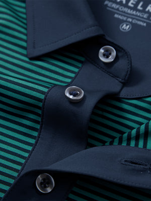 Detail: collar opening of turquoise stripe upgraded two-tone striped quick dry polo shirt