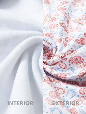 Close-up of the inner and outer fabric of youth full print stylish hoodies pullover in white pizza, showing texture and finish