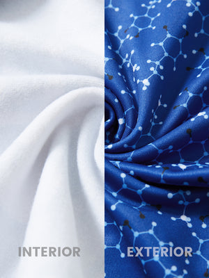 Close-up of the inner and outer fabric of youth full print stylish hoodies pullover in blue molecular structure, showing texture and finish