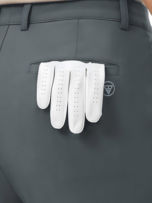 Detail view of back pocket on dark gray women's regular fit stretchy golf pants