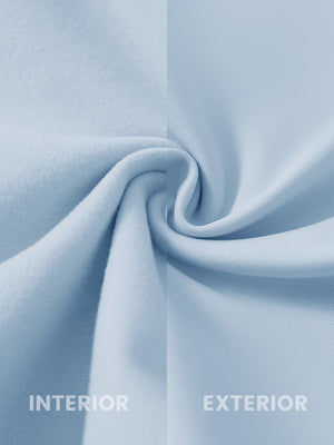 Close-up of the inner and outer fabric of women's stretch fleece lined water resistant joggers in light grayish blue, showing fleece lining and exterior.