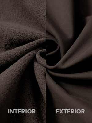 Close-up of the inner and outer fabric of winter thermal outdoor water resistant fleece jacket in coffee brown, showing fleece lining and exterior.