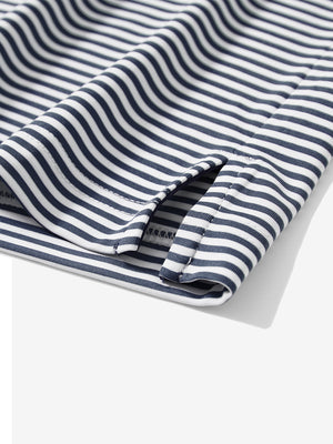 Detail: hem slit of navy stripe upgraded two-tone striped quick dry polo shirt