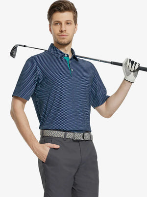 MAELREG Men's Performance Jersey Print Polo in Green Seahorse – front half-body with golf pose