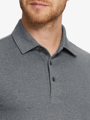 Black Grey Heather Skin-friendly Long Sleeve Melange Polo – front view from model’s nose to chest