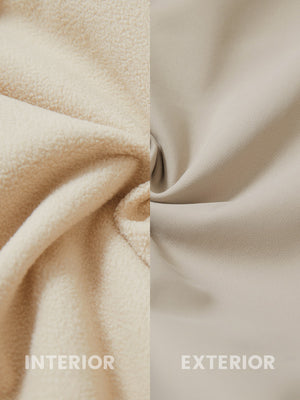 Inside and outside fabric view of light khaki thermal water repellent fleece dress pants