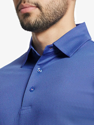 Cropped front shot from nose to chest wearing PLUM BLUE Performance Ananas Jacquard Polo
