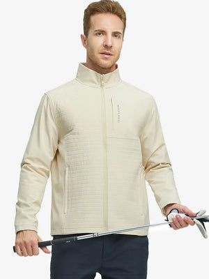 Model holding golf club, front-facing half-body view wearing Light Khaki Softshell Jacket – sporty look