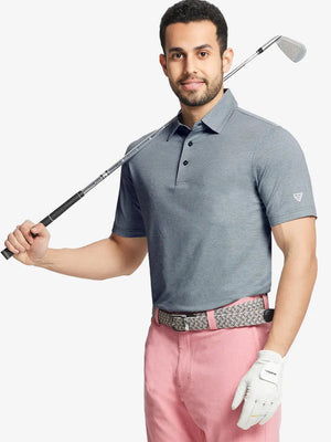 Model front half-body holding golf club in SLATE GREEN HEATHER Ventilated Heather Jacquard Polo