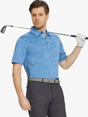 Half-body front pose holding golf club in CLASSIC BLUE HEATHER Cool Heather Texture Polo