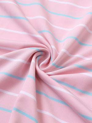Fabric close-up of trendy boys stripe polo shirts, soft texture and breathable light pink stripe feel
