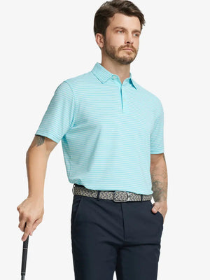 Front half-body shot of model holding golf club, wearing Sport Fit Stripe Polo in Aqua Blue Stripe